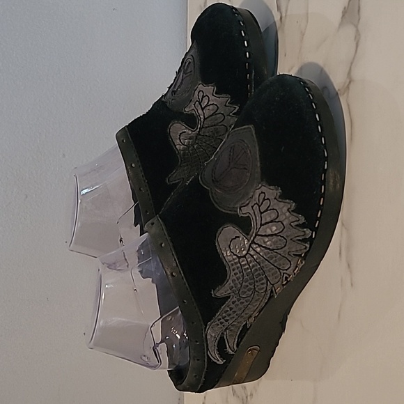 Lucky Brand Vintage Y2K Black Gray Leather Suede Mules Peace Wings Retro Wmns 7 - Picture 2 of 16